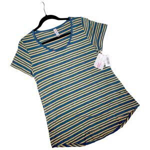 LuLaRoe Stripe Classic T Medium Blue Yellow Ribbed Women's Short Sleeve Tee Top